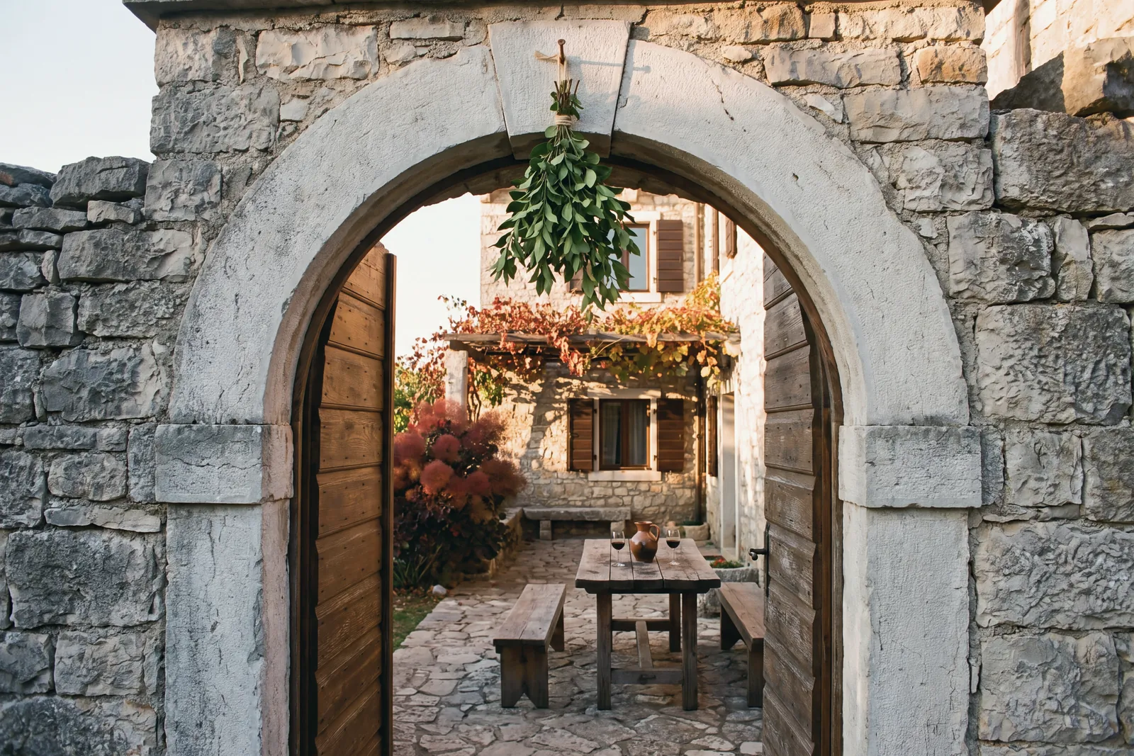 Image generated with AI: a bunch of green branches – the frasca that signals an osmica is open – hangs from the keystone of an arched gateway in Karst stone; through the open wooden doors, a stone-paved courtyard with a wooden table and benches, a jug and two glasses of red wine, a smoke bush and a vine pergola turned red in autumn. No people.