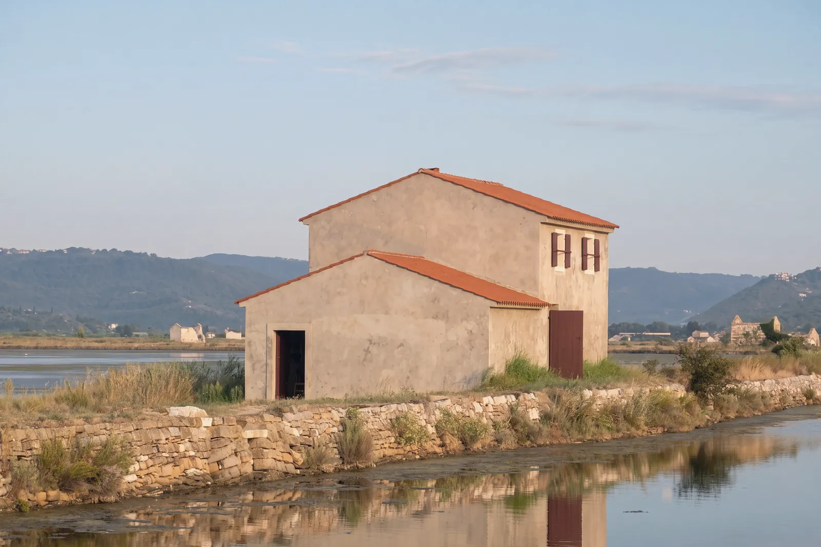 A restored salt-workers' house in the Sečovlje salt pans: two plastered volumes with tiled roofs, red doors and shutters, on a dry-stone embankment reflected in the channel; behind, other salt-workers' houses, the pans and the hills. Soft, warm light.