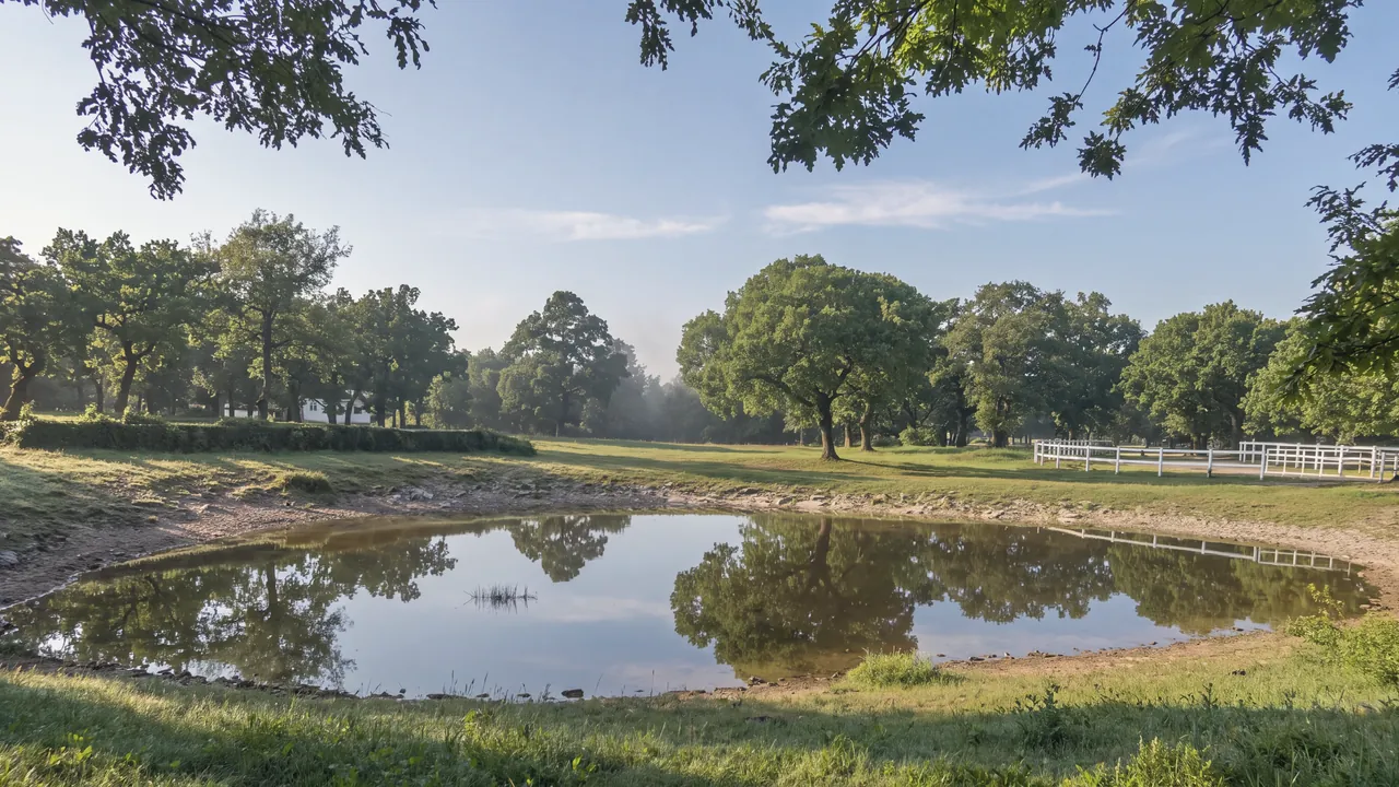 Ein Karstteich zwischen Wiesen und Eichen in Lipica am Morgen: das Wasser spiegelt Eichen und Himmel, rechts ein weißer Holzzaun, links eine niedrige Hecke und zwischen den Bäumen ein weißes Gebäude; oben Eichenzweige im Gegenlicht. Keine Pferde.