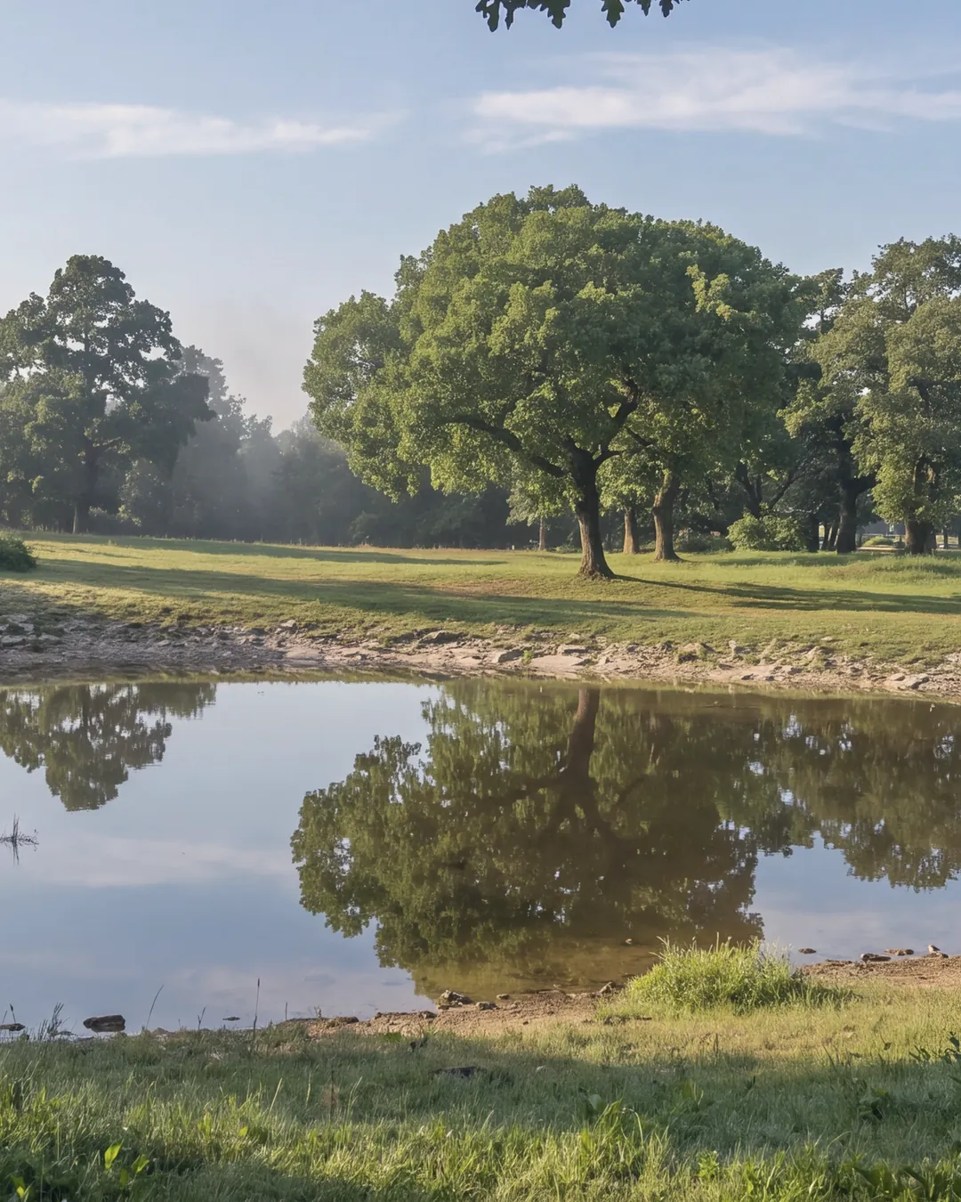 A karst pond among meadows and oaks at Lipica, in the morning: the water reflects the oaks and the sky, a white wooden fence on the right, a low hedge on the left and, among the trees, a white building; at the top, oak branches against the light. No horses.