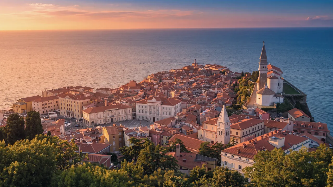 Piran von oben bei Sonnenuntergang: die Halbinsel mit den roten Dächern der Altstadt, der Tartini-Platz mit dem Rathaus, rechts auf dem Grat die Kirche St. Georg mit Glockenturm und Baptisterium, im Vordergrund ein weiterer Glockenturm und die Bäume des Hügels; das offene Meer im Licht der tiefen Sonne.