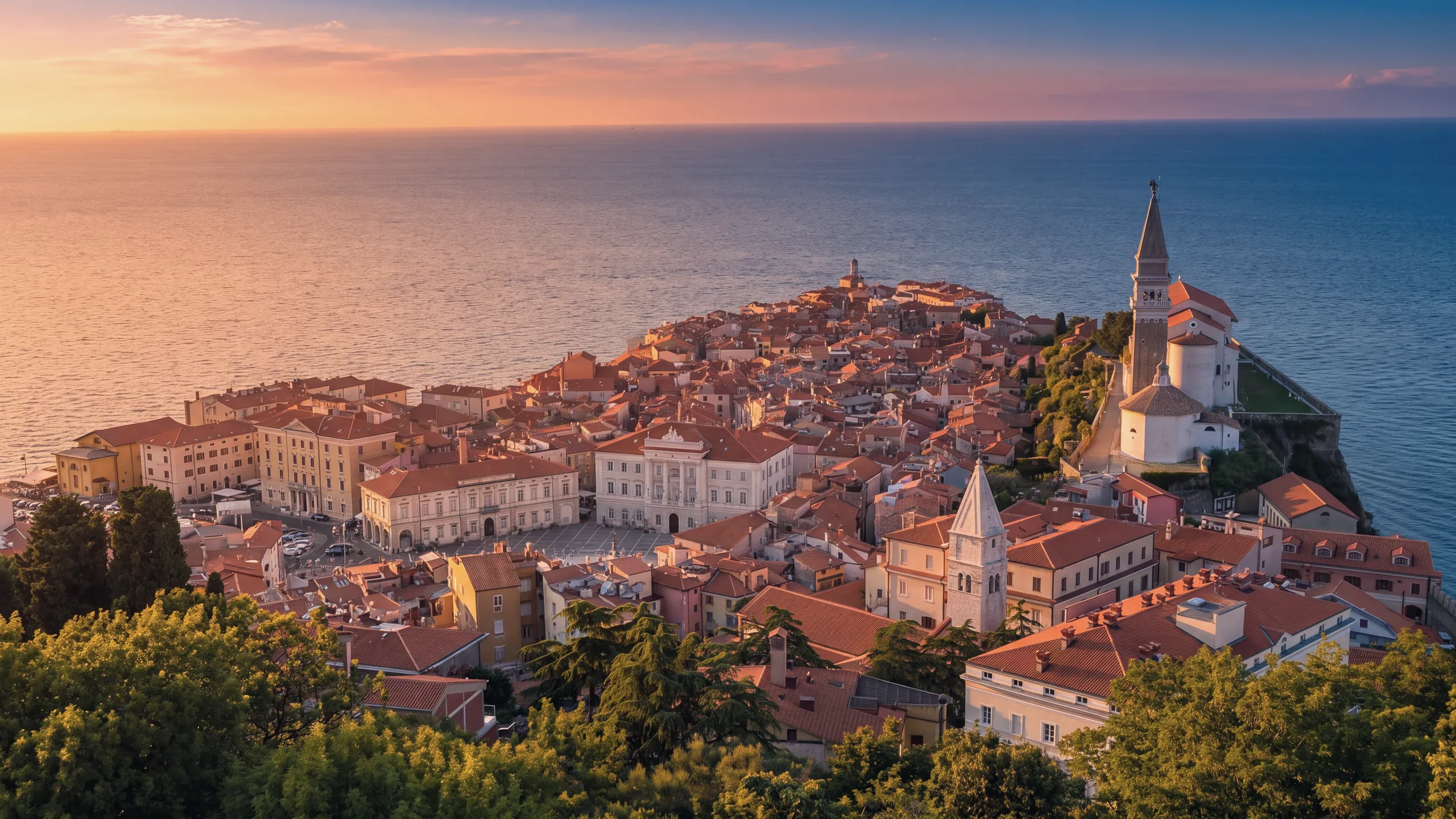 Piran from above at sunset: the peninsula with the red roofs of the old town, Tartini Square with the town hall, on the ridge to the right the church of St George with its bell tower and baptistery, another bell tower and the trees of the hill in the foreground; the open sea lit by the low sun.