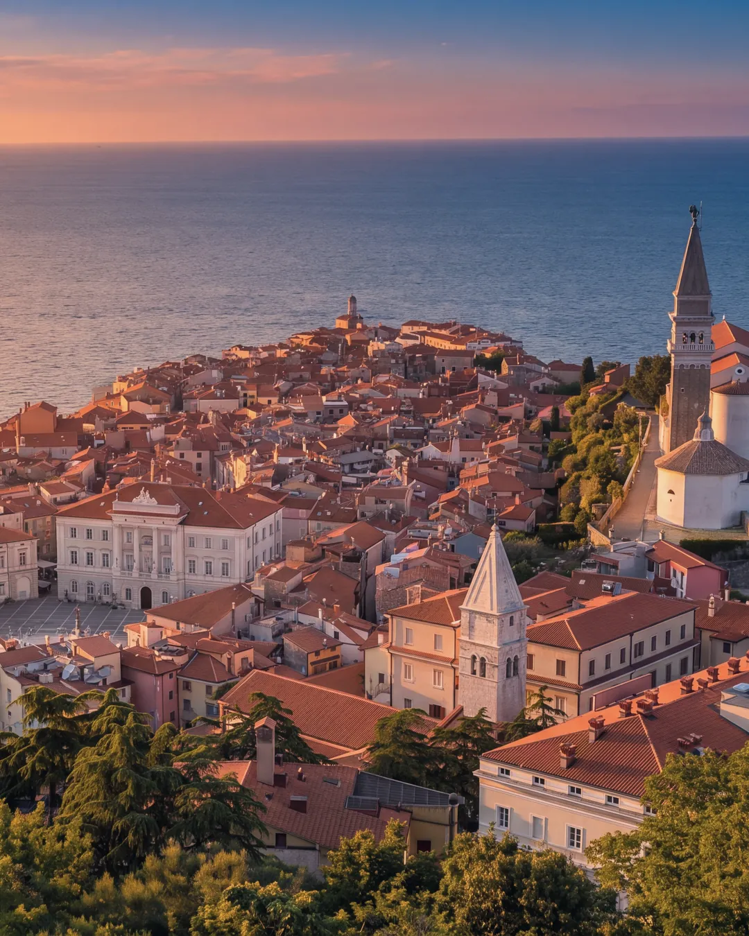 Piran from above at sunset: the peninsula with the red roofs of the old town, Tartini Square with the town hall, on the ridge to the right the church of St George with its bell tower and baptistery, another bell tower and the trees of the hill in the foreground; the open sea lit by the low sun.