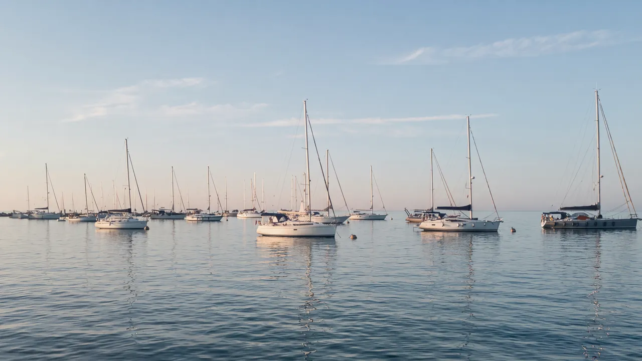 Segelboote an Bojen in der Bucht von Portorož am Morgen: weiße Rümpfe, Masten und Wanten im Licht der tiefen Sonne im Rücken, ruhiges Meer mit Spiegelungen; links der Wellenbrecher mit seinem Leuchtfeuer, am Horizont das offene Meer.
