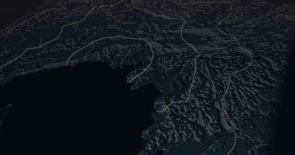 Relief of the Gulf of Trieste, the Slovenian coast and the Karst, seen from the sea west of Piran looking north-east, with the 15, 30 and 45-minute rings from Piazza Unità.