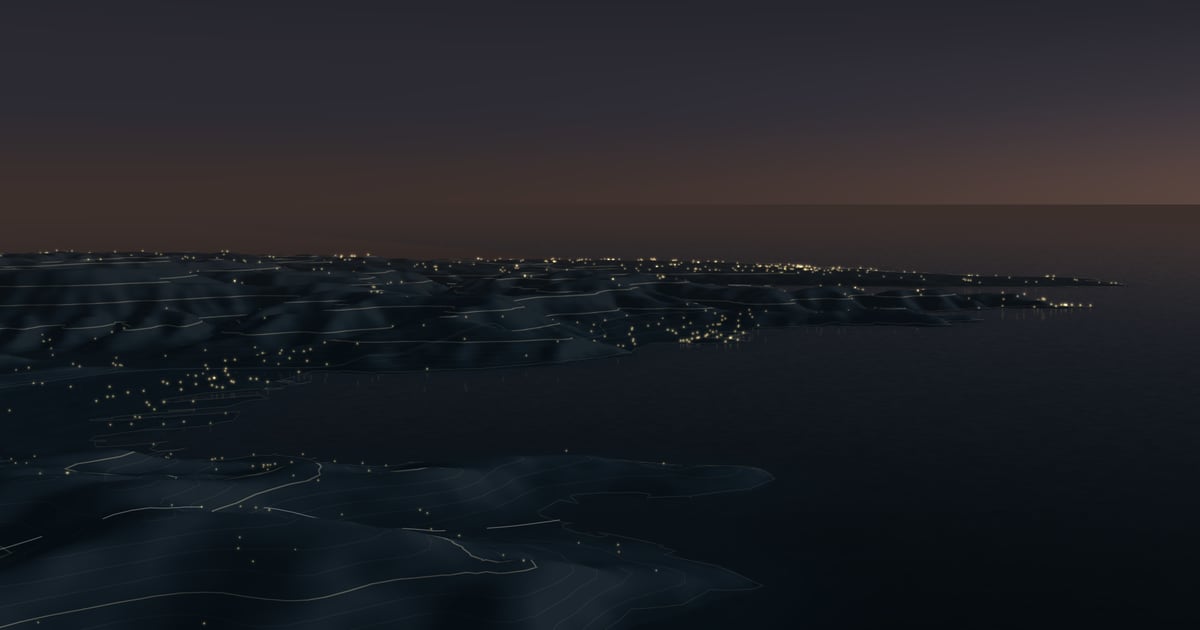 Relief of the Slovenian coast from Koper to Piran, seen from the Molo Audace in Trieste at dusk.